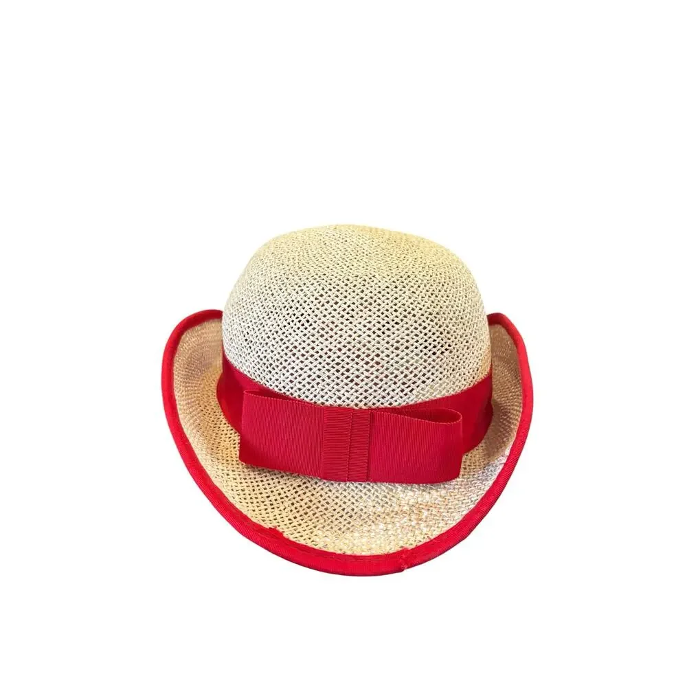 50s Red Ribbon Straw Cloche Hat Cinderella New York Picnic Rockabilly
